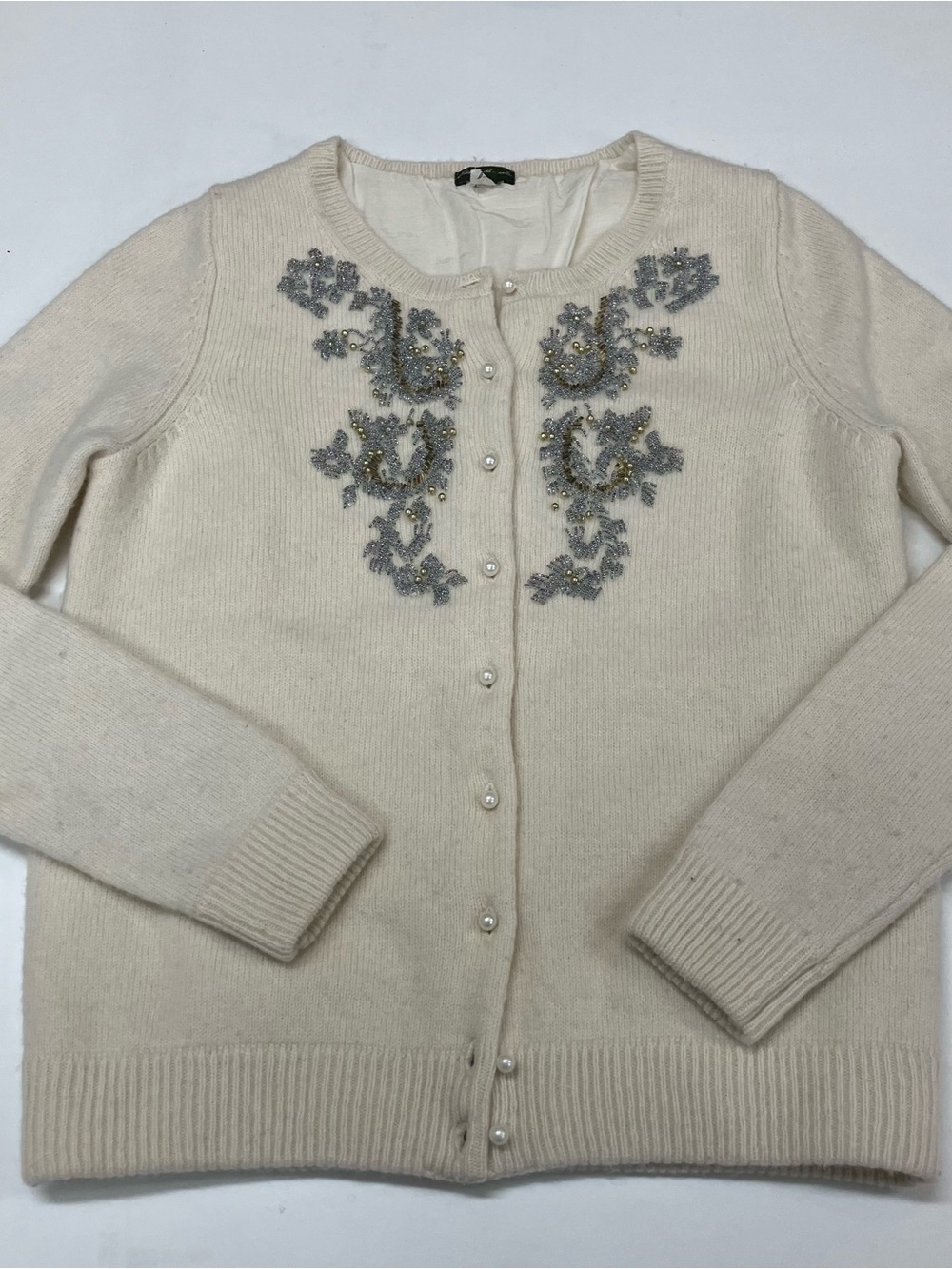 Eddie Bauer Cream Cardigan with Gray Bead Embellishment wool-blend/cotton silk
